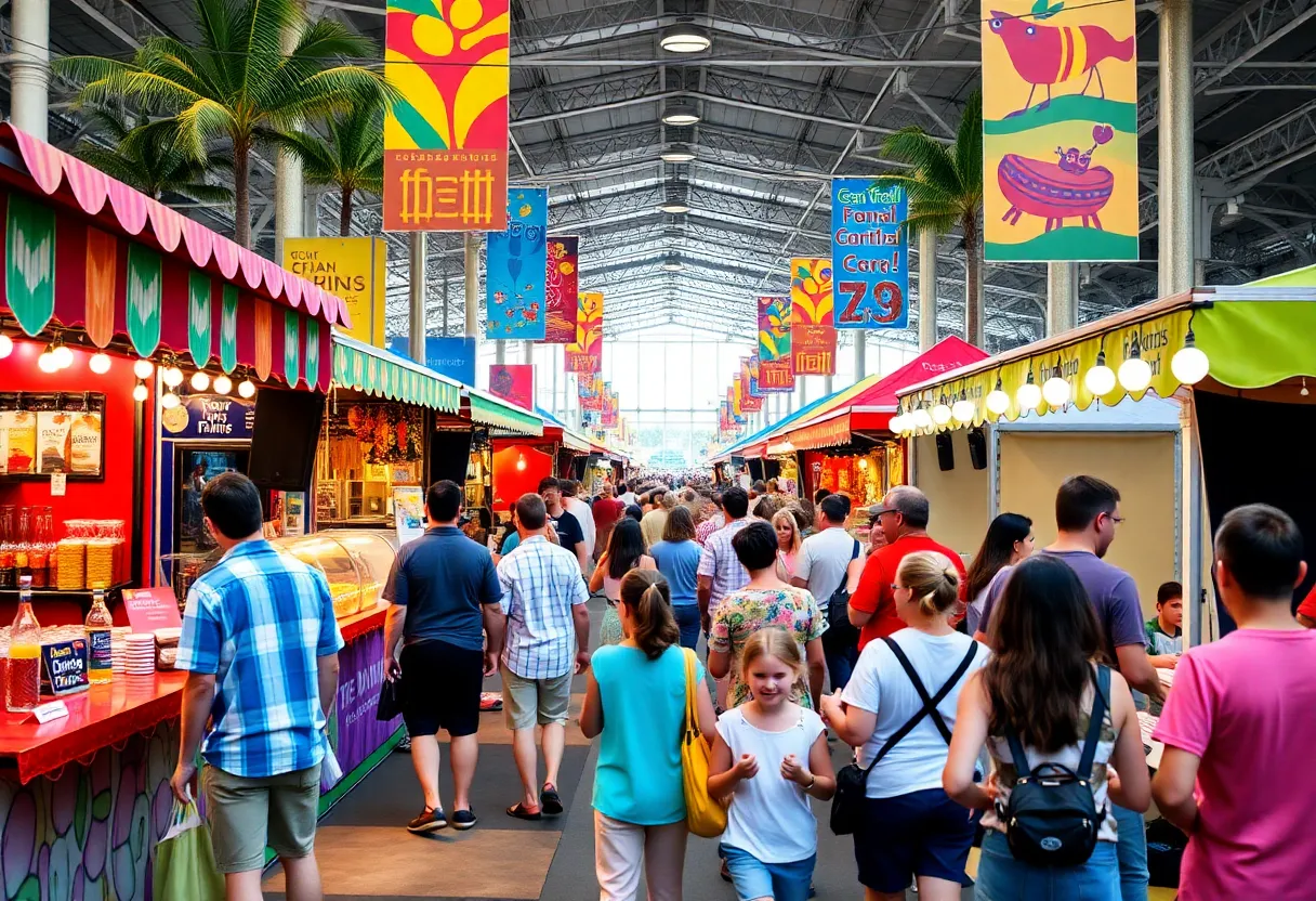 A lively tourism expo in Florida showcasing various activities.