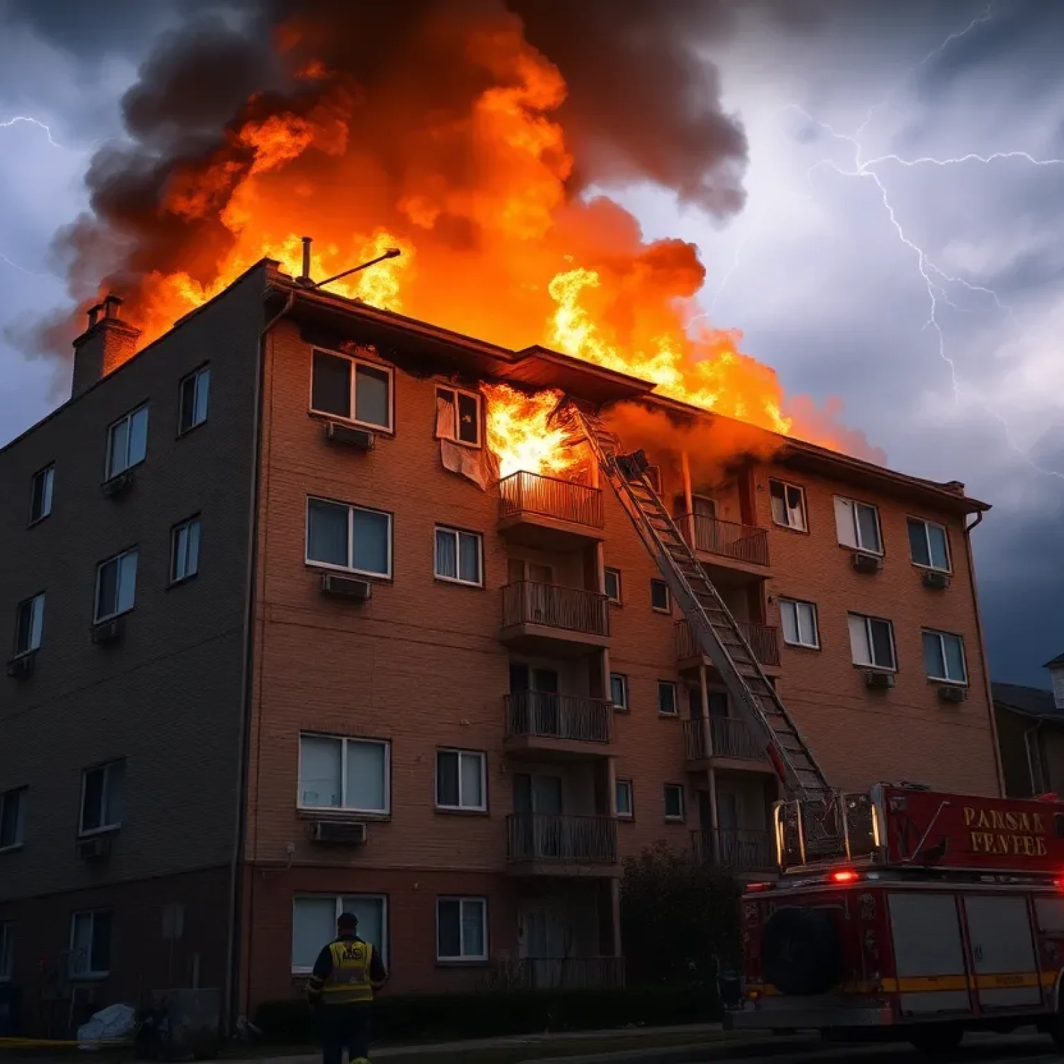 Fire damage caused by lightning strike at Fort Caroline apartment.