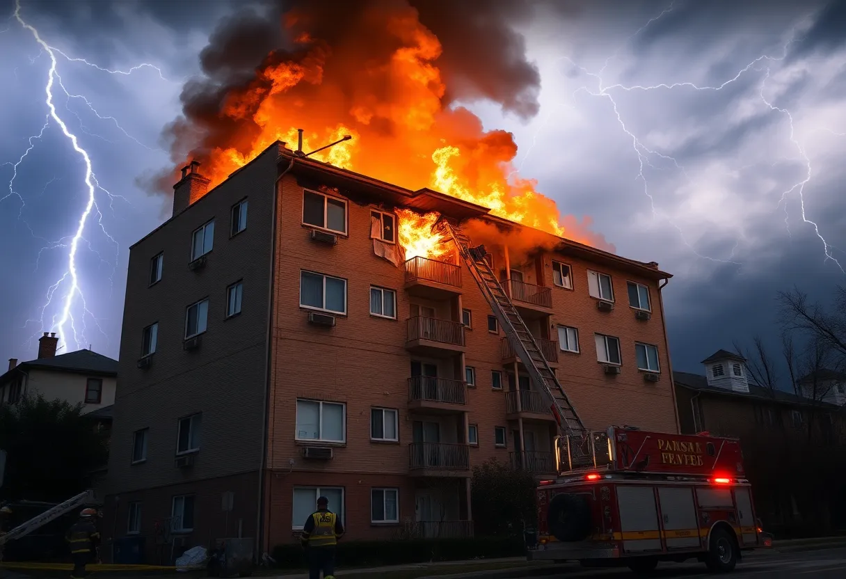 Fire damage caused by lightning strike at Fort Caroline apartment.
