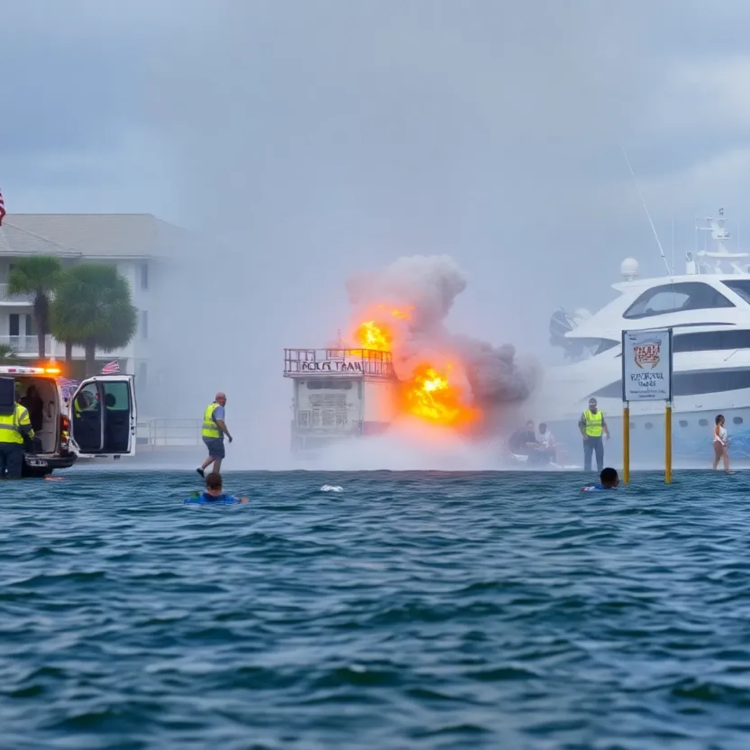 Emergency responders at the scene of the Fort Lauderdale boat explosion