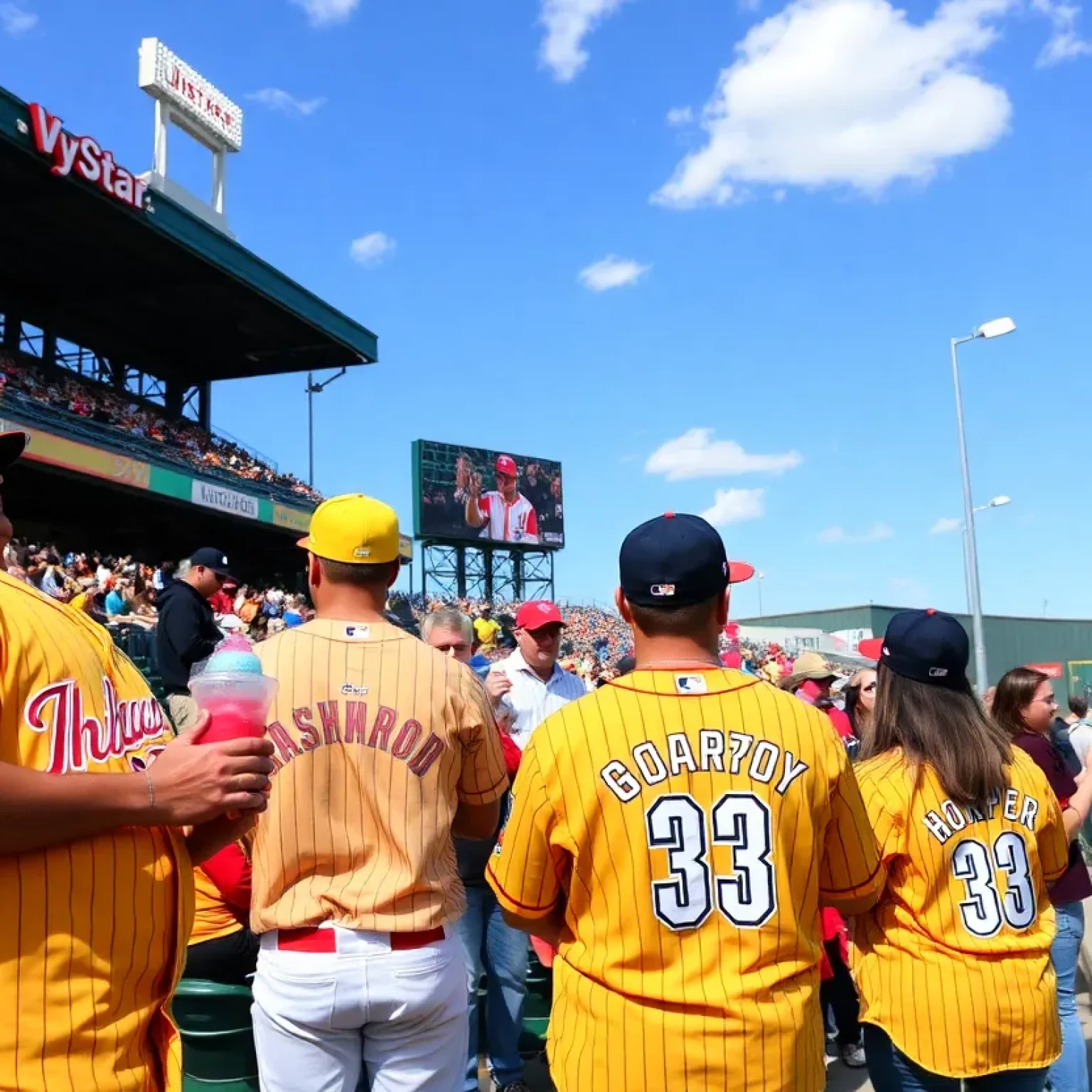 Fans enjoying a Jacksonville Jumbo Shrimp game with Honey Drippers themed jerseys.