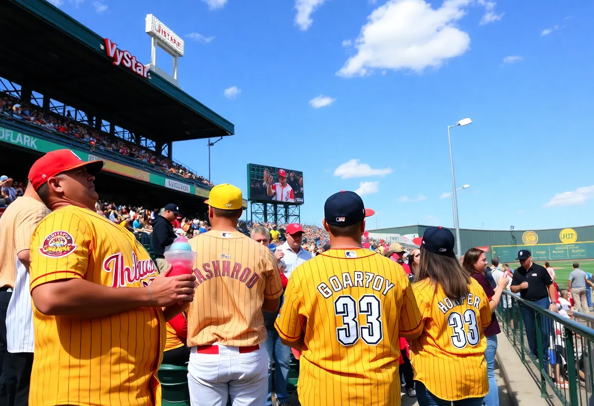 Fans enjoying a Jacksonville Jumbo Shrimp game with Honey Drippers themed jerseys.