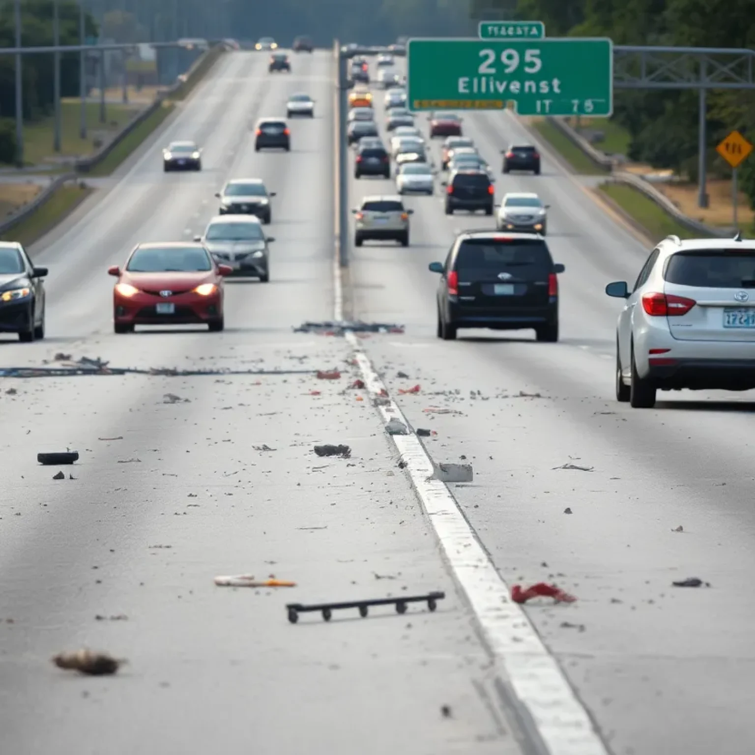 Debris on the roadway after a serious accident on I-295.