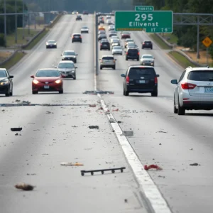 Debris on the roadway after a serious accident on I-295.