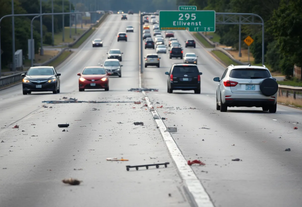 Debris on the roadway after a serious accident on I-295.