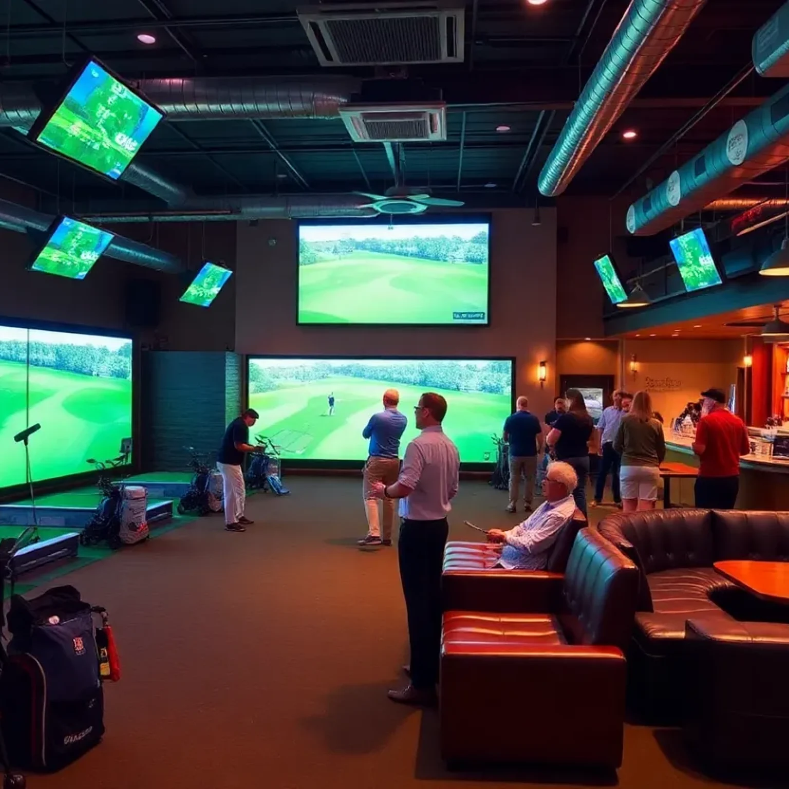 People enjoying indoor golf at a venue in Jacksonville