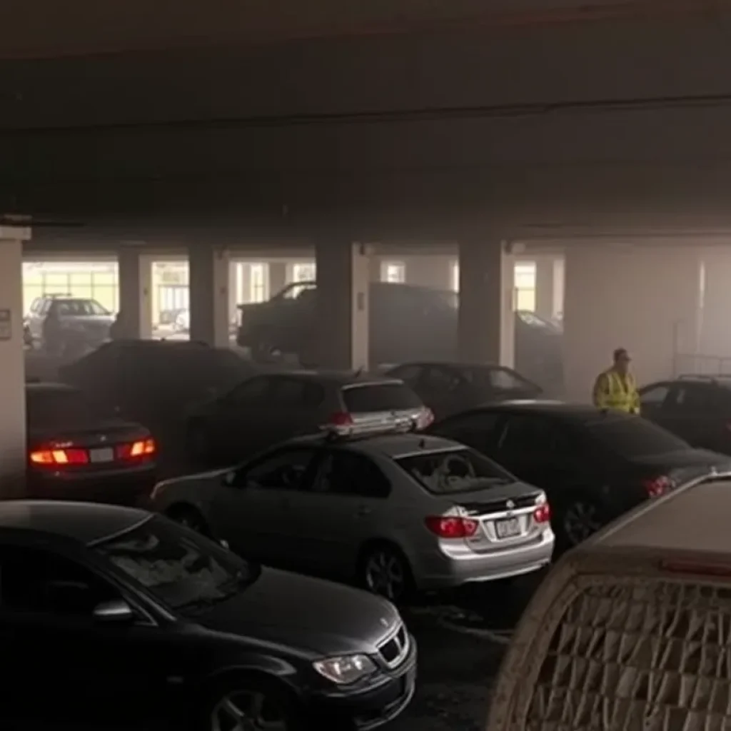 Damaged vehicles and smoke in Jacksonville Airport parking garage
