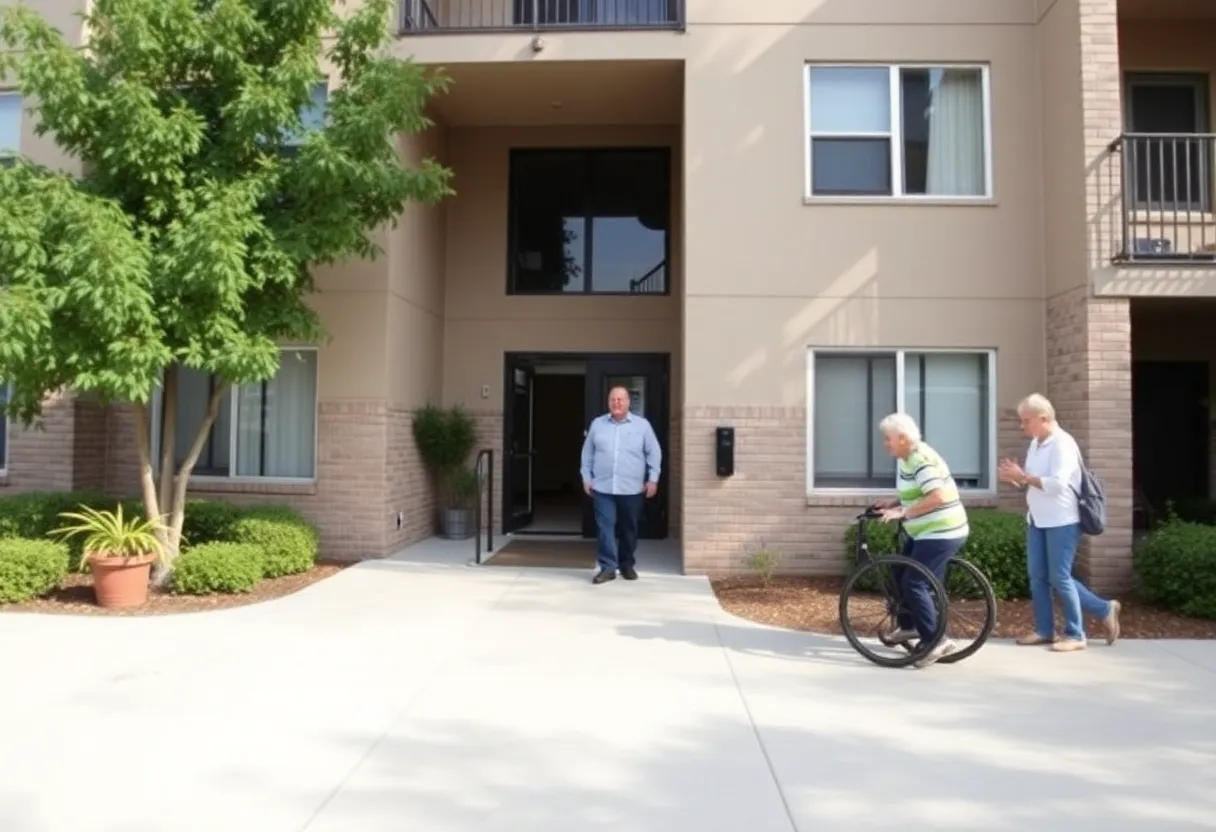 Exterior view of a Jacksonville apartment complex facing elevator issues