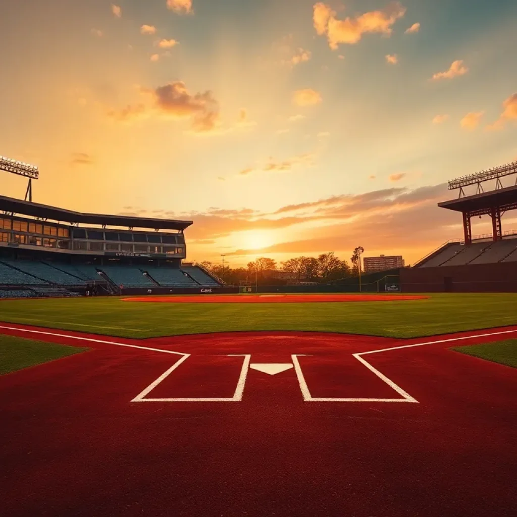 An empty baseball field at sunset, representing a college baseball game