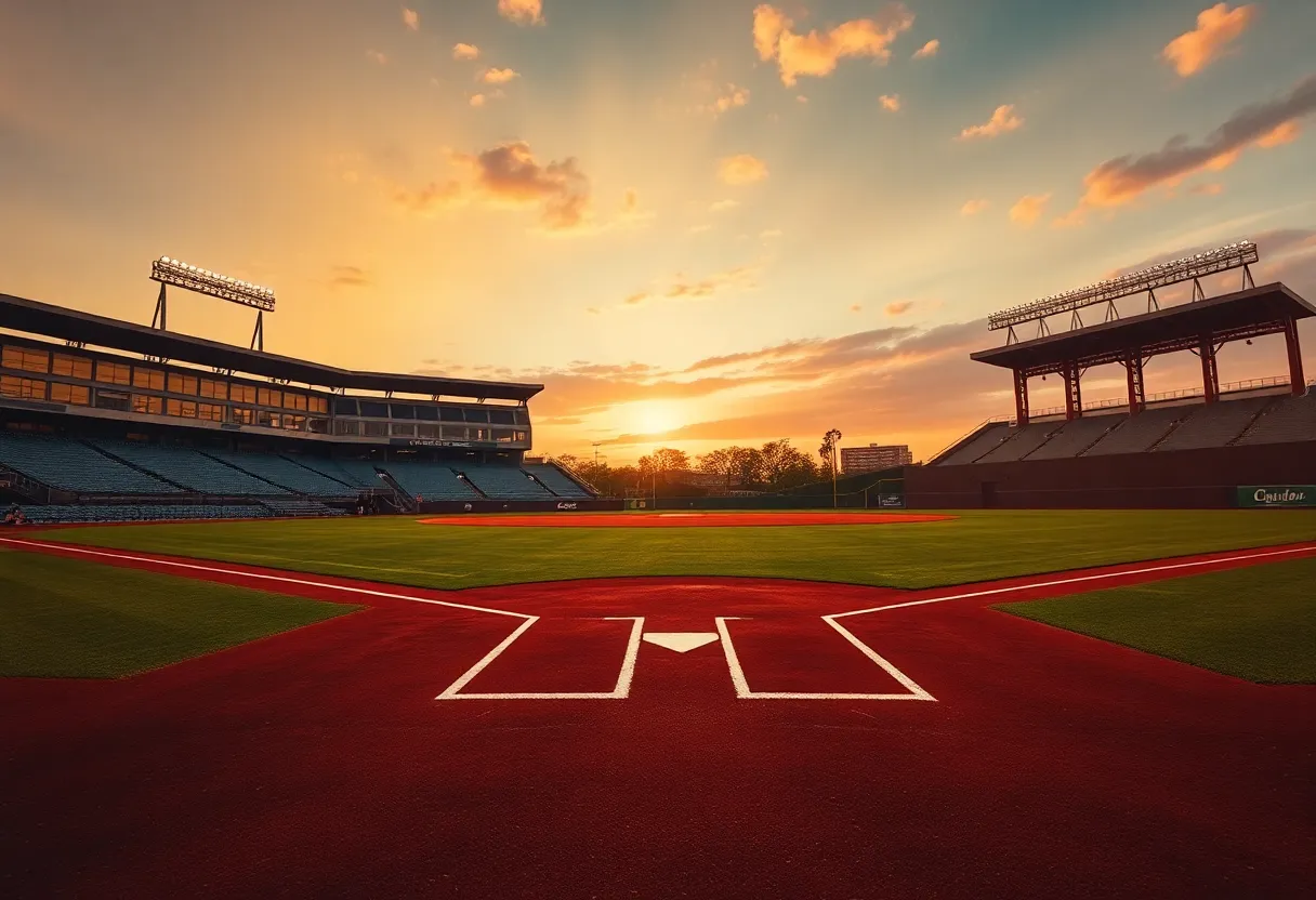 An empty baseball field at sunset, representing a college baseball game