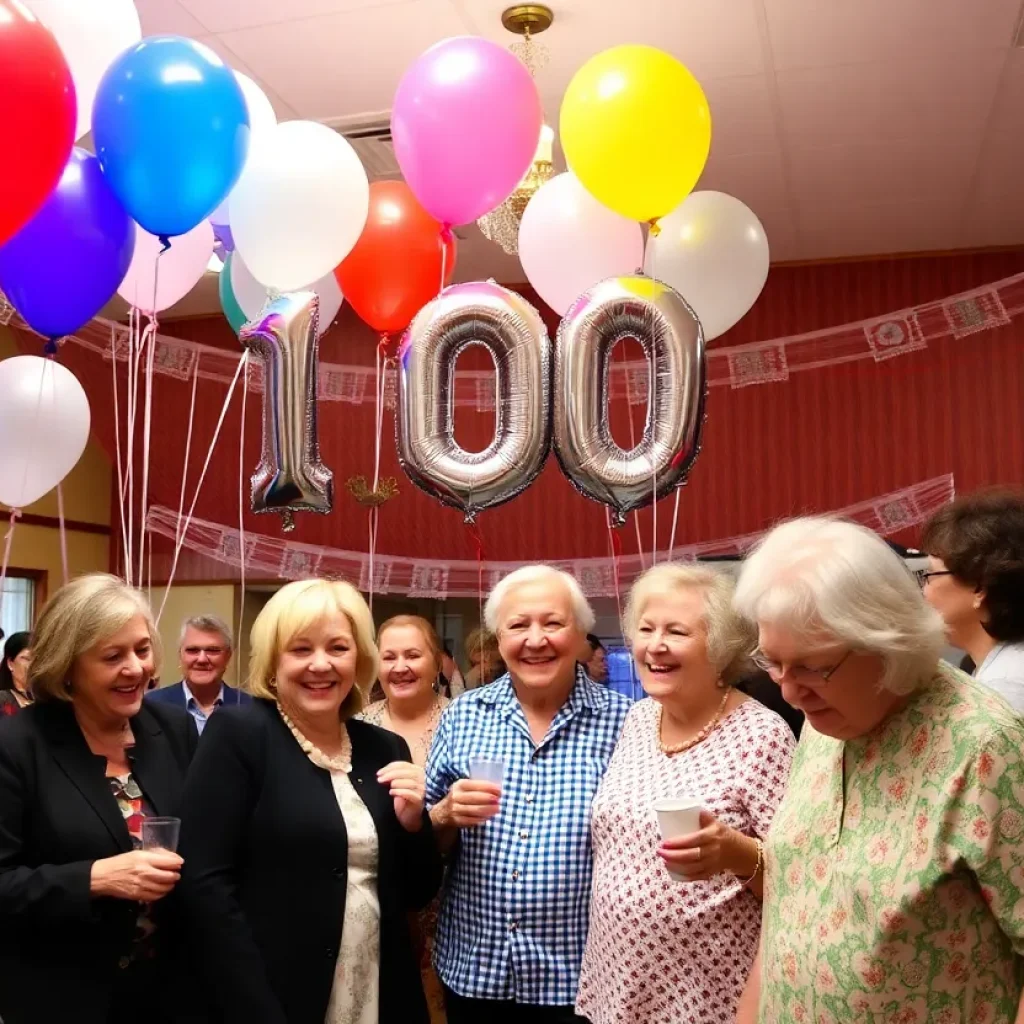 A joyful birthday celebration for a 100-year-old with family and friends.