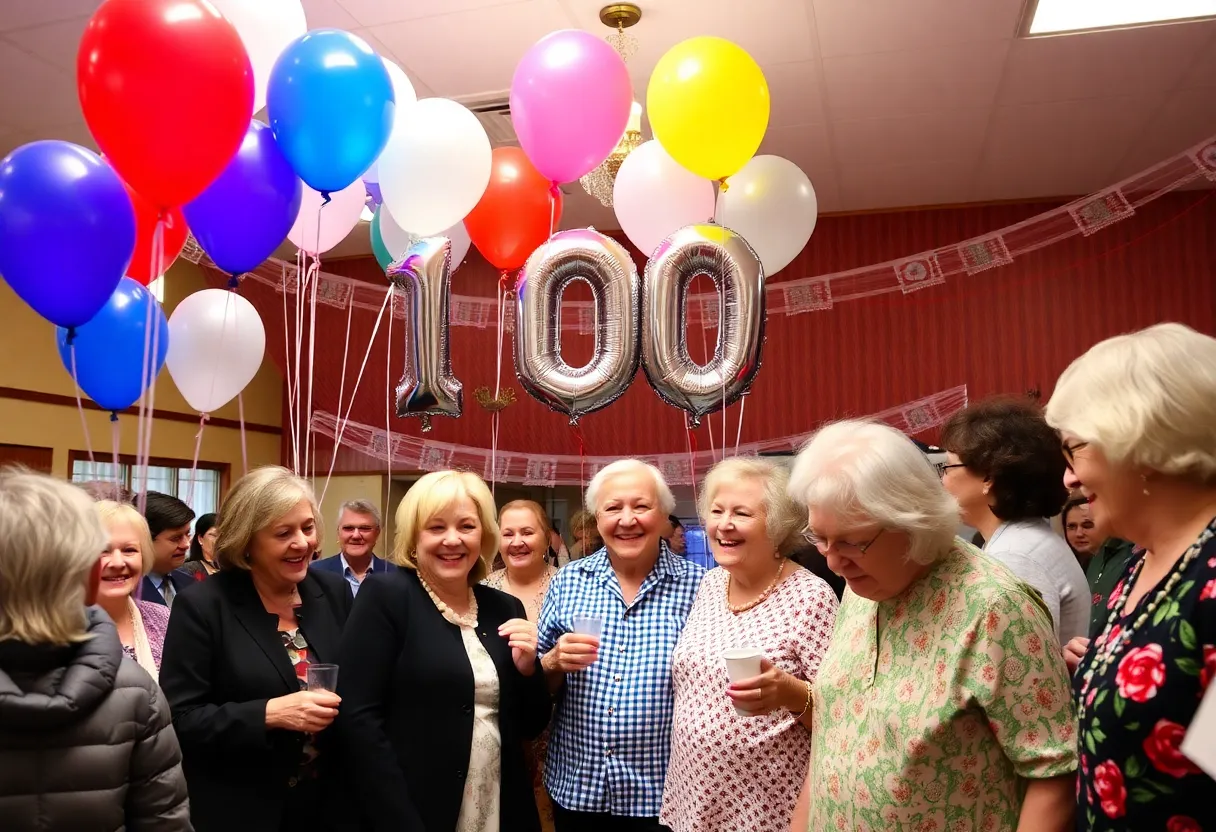 A joyful birthday celebration for a 100-year-old with family and friends.