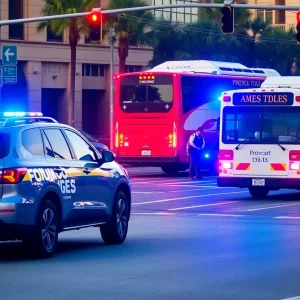 Emergency services attending to a collision between an SUV and a bus in Jacksonville.
