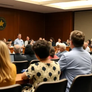 City council meeting room with chairs and a Jacksonville logo