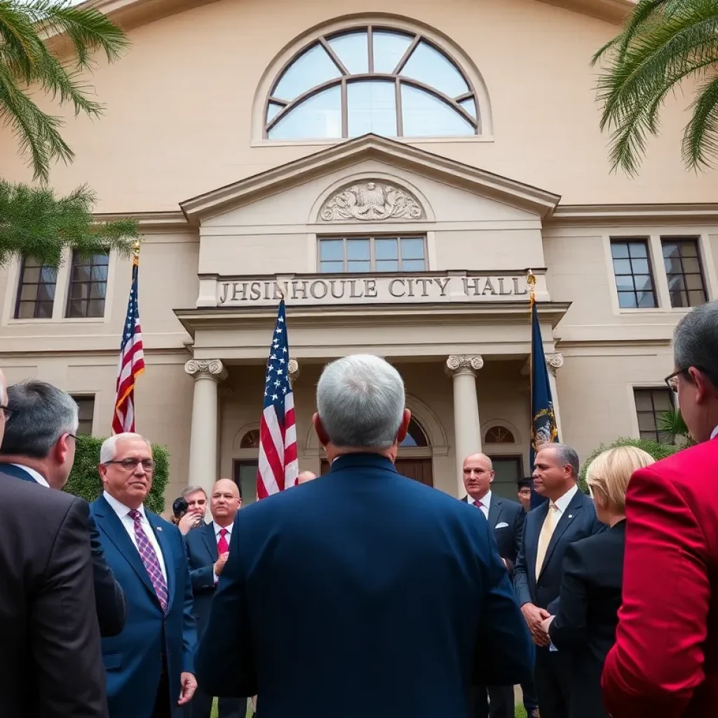 Jacksonville City Hall with officials discussing firearm legislation.