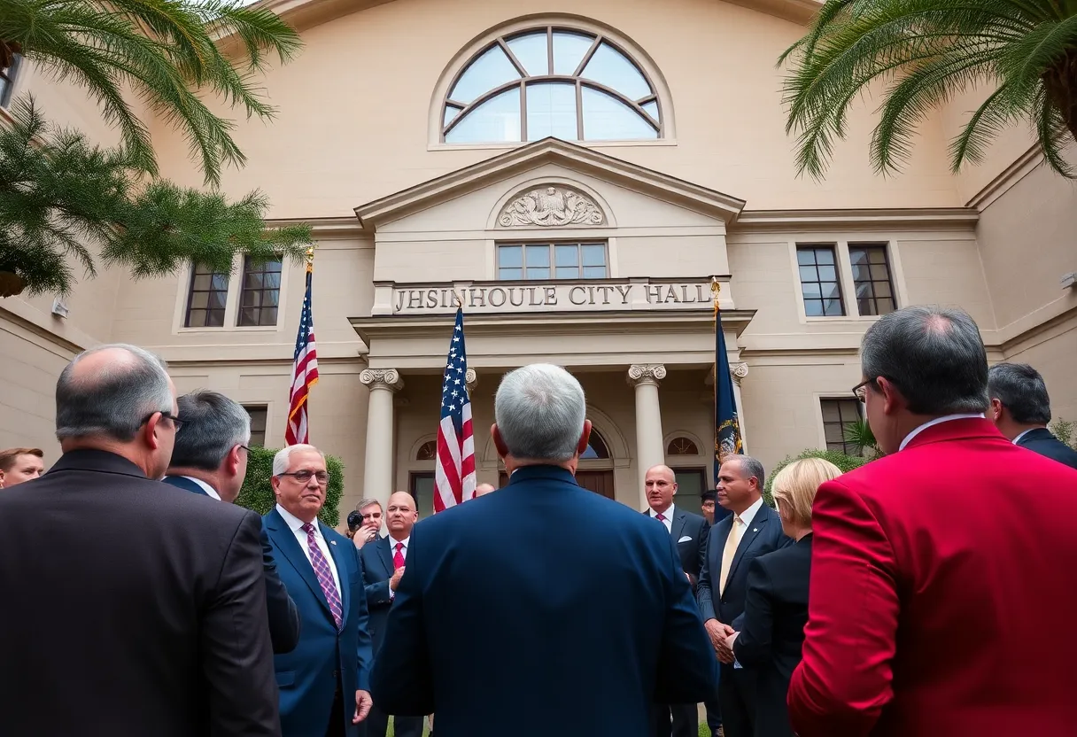 Jacksonville City Hall with officials discussing firearm legislation.
