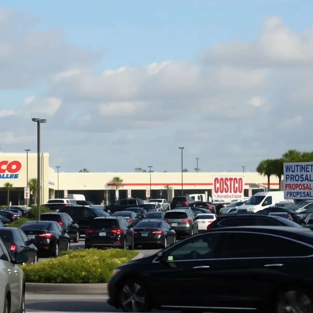 Urban landscape at St. Johns Town Center showing Costco shopping area with proposed gas station.
