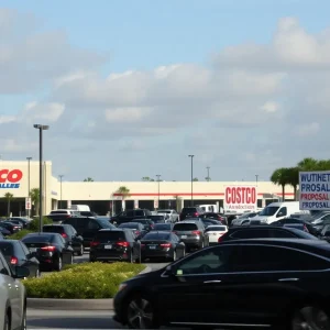 Urban landscape at St. Johns Town Center showing Costco shopping area with proposed gas station.