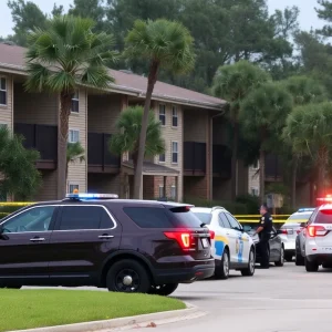 Crime scene at a Jacksonville apartment complex after domestic shooting.