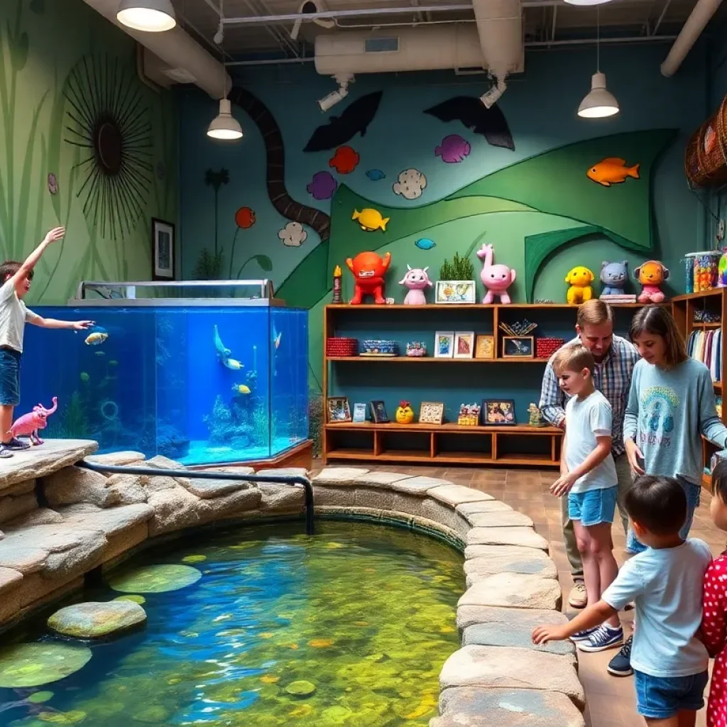 Community aquarium store in Jacksonville with fish tanks and families