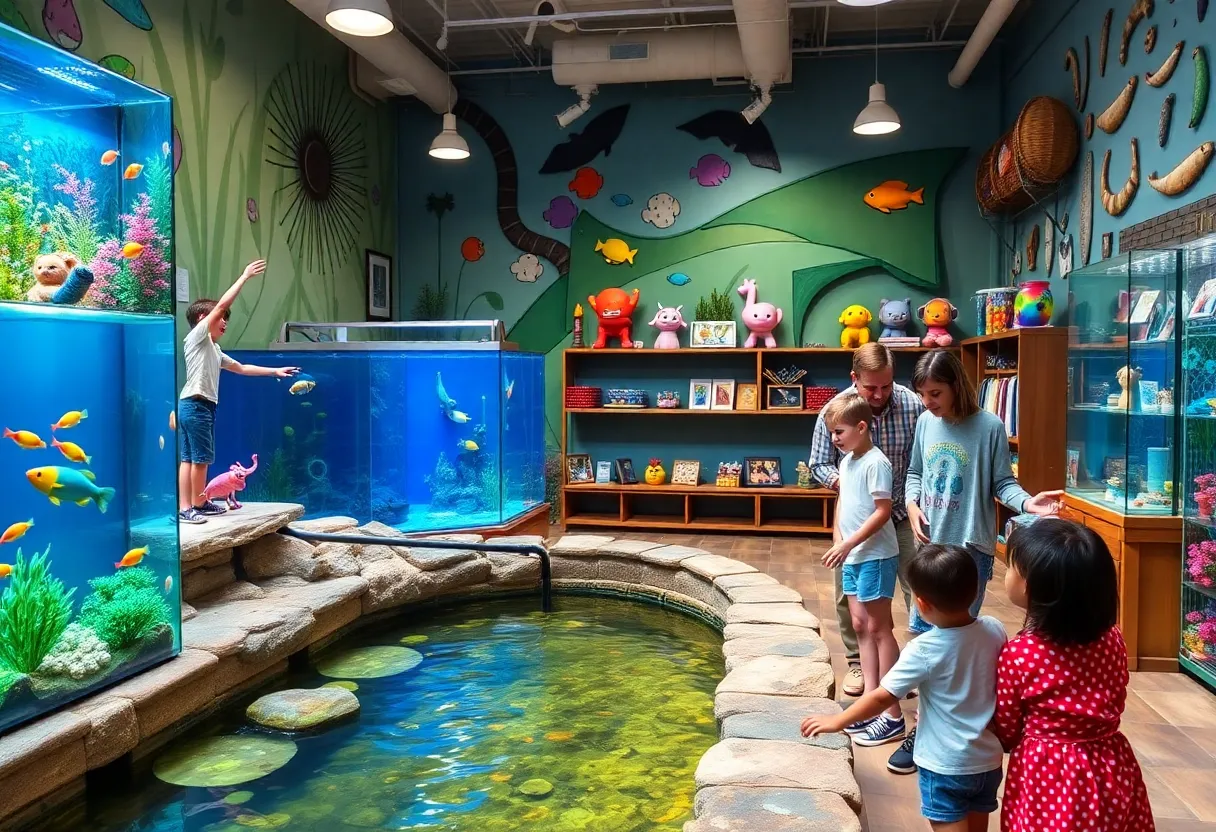 Community aquarium store in Jacksonville with fish tanks and families