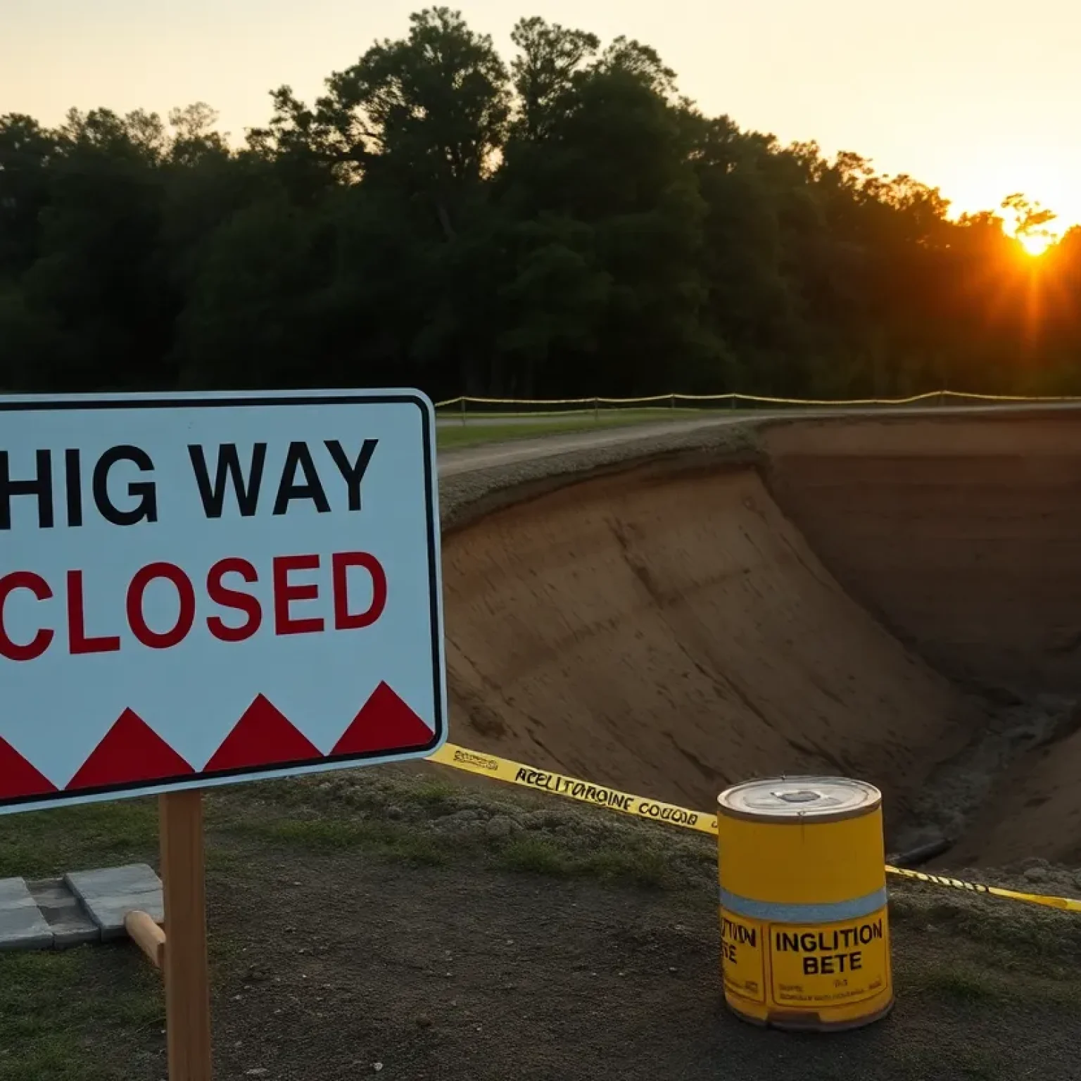 Highway closure sign and erosion site in Jacksonville.