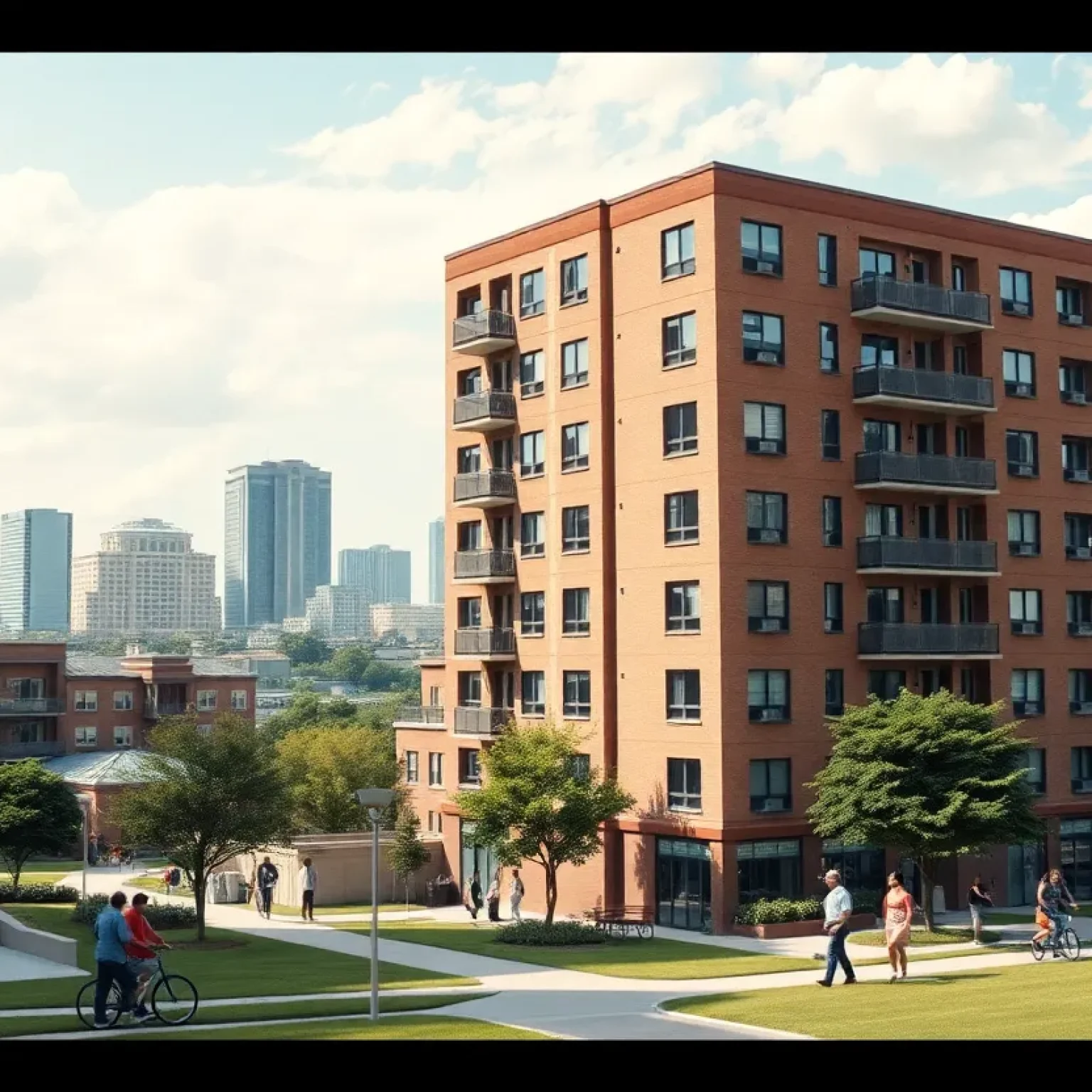 Urban housing complex in Jacksonville with city skyline