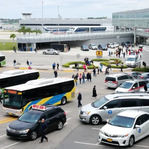 Travelers at Jacksonville International Airport with bus and taxi services