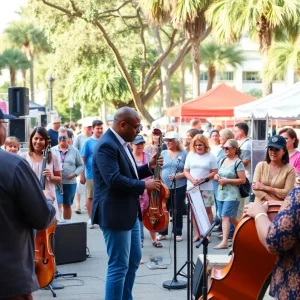 A lively atmosphere at the Jacksonville Jazz Festival with musicians performing and an engaged audience.