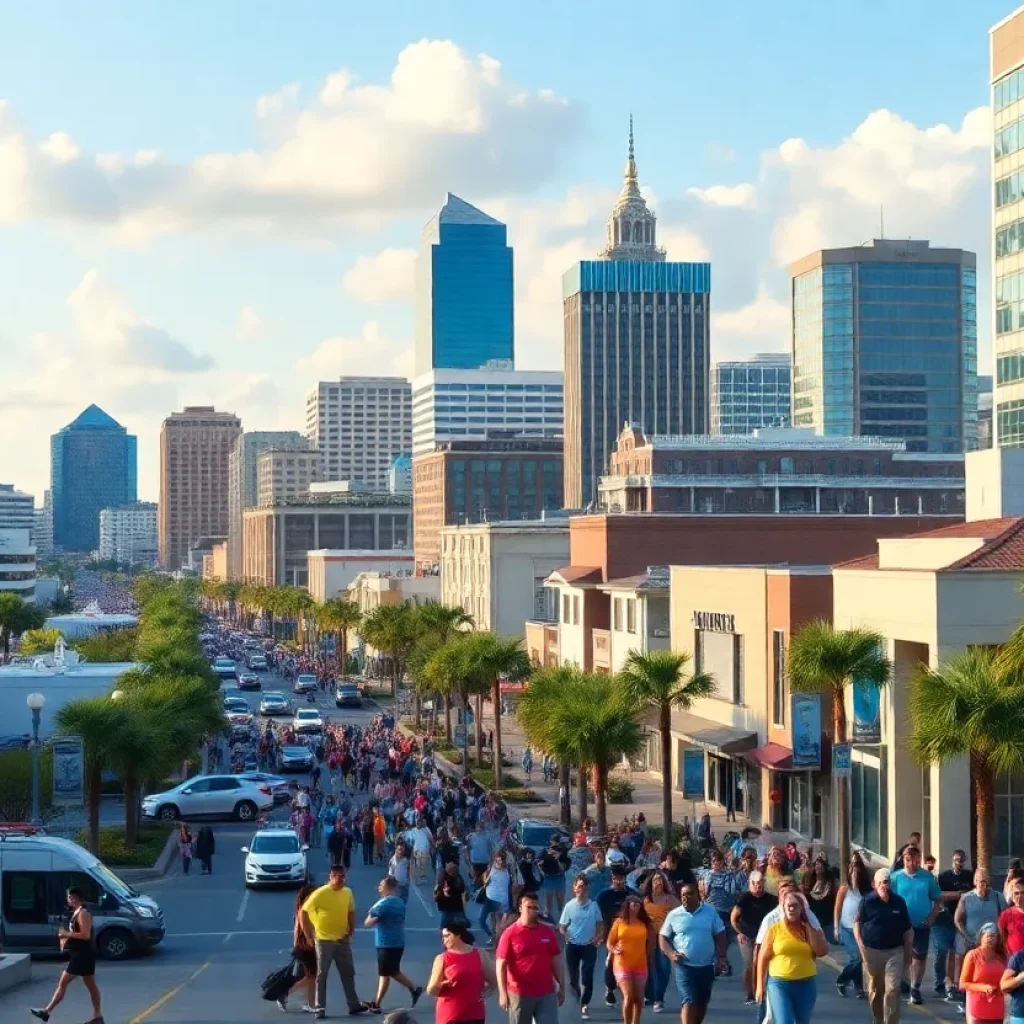 Skyline of Jacksonville with people showcasing a thriving job market