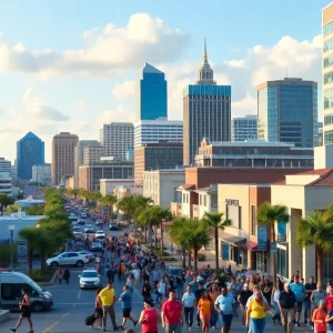 Skyline of Jacksonville with people showcasing a thriving job market