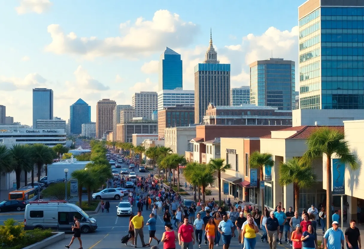 Skyline of Jacksonville with people showcasing a thriving job market