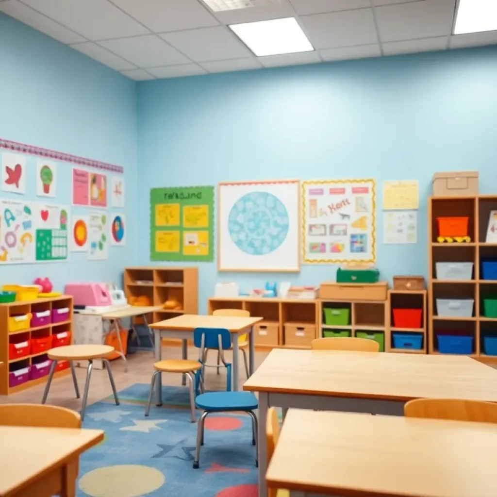 Inside a kindergarten classroom with children's artwork