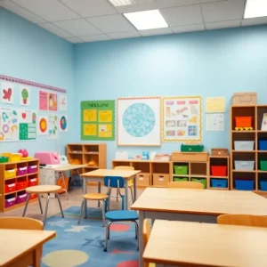 Inside a kindergarten classroom with children's artwork