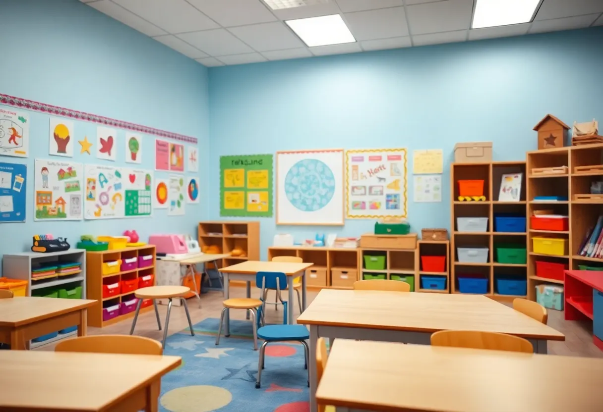 Inside a kindergarten classroom with children's artwork