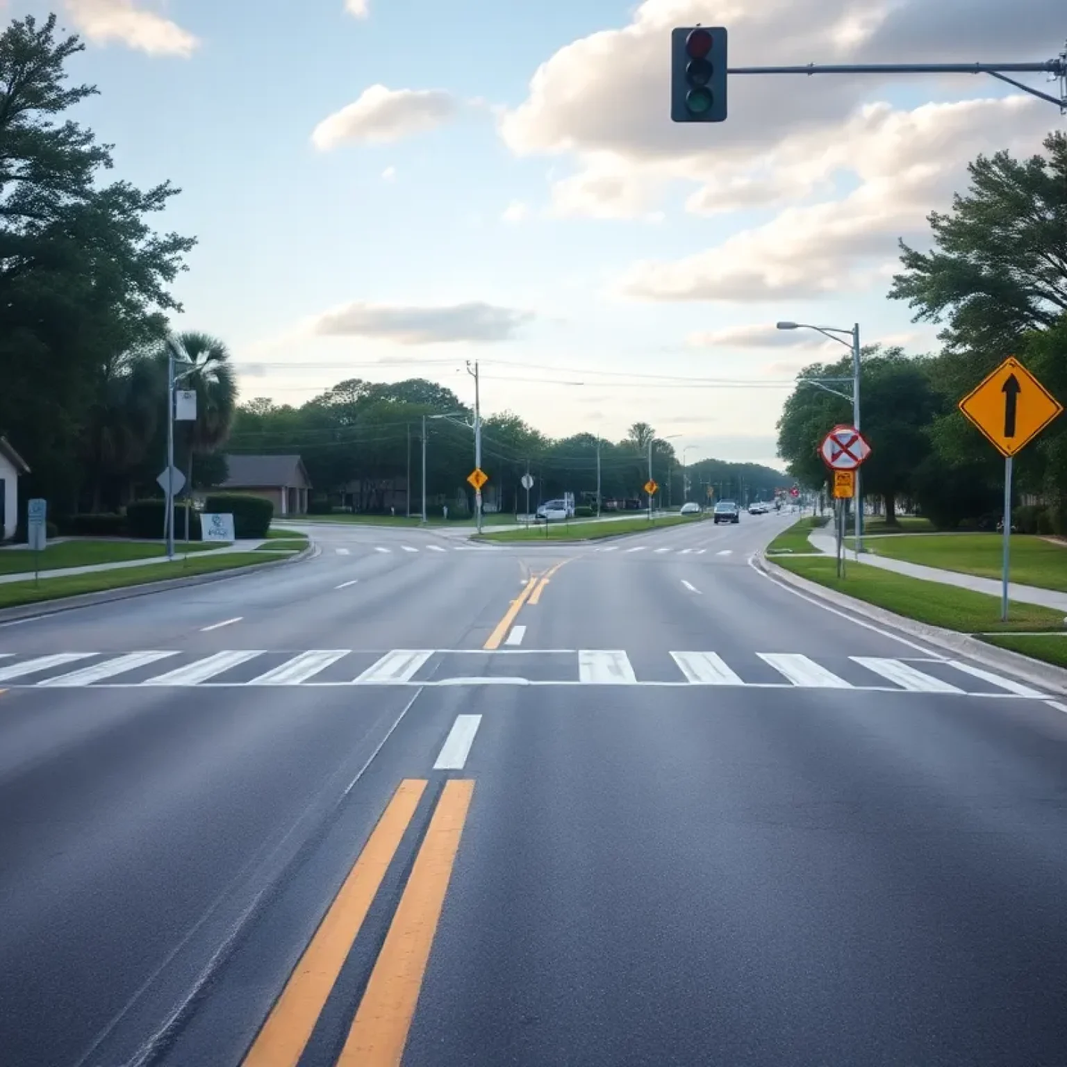 A view of a Jacksonville neighborhood road with traffic safety signs.