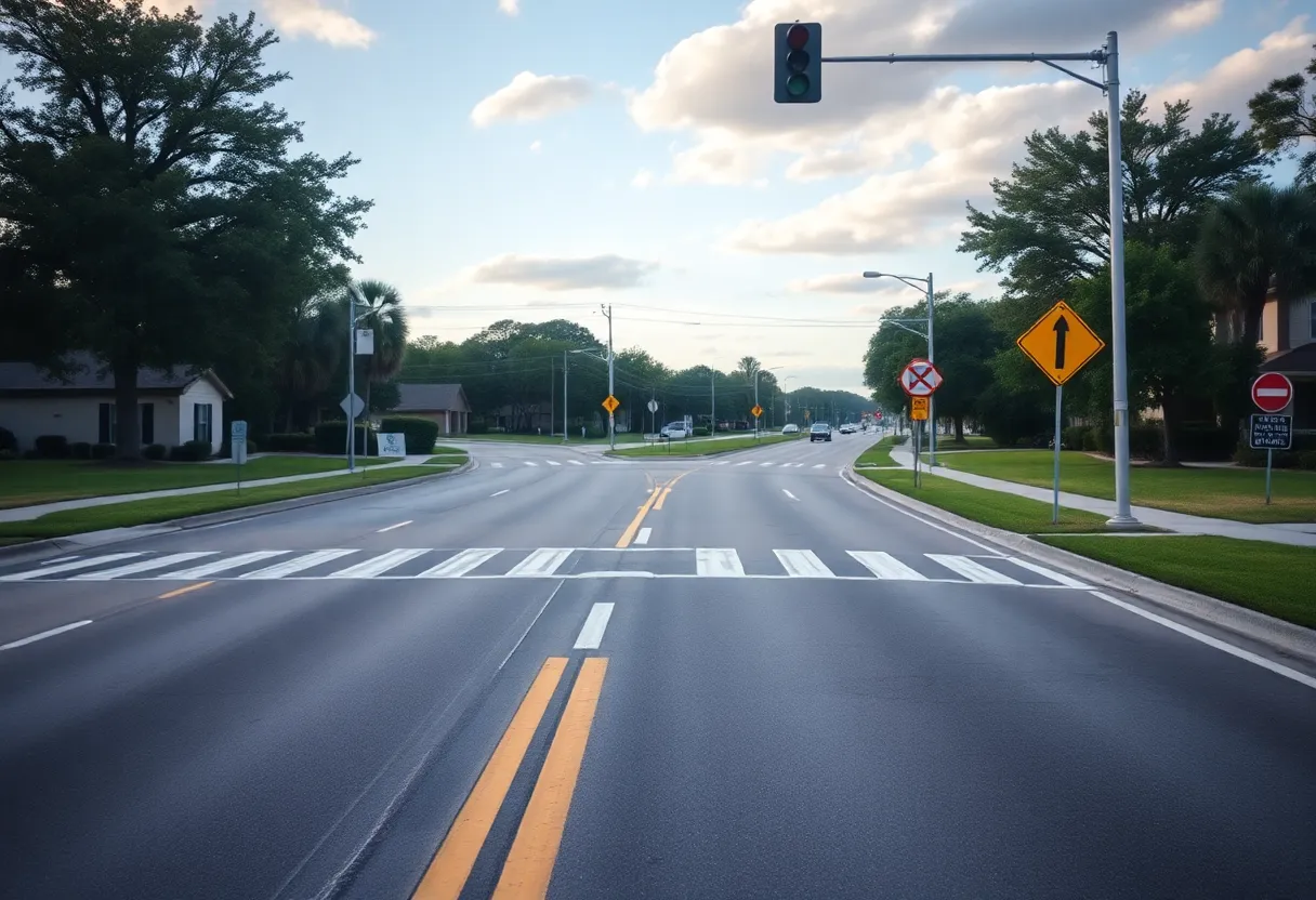 A view of a Jacksonville neighborhood road with traffic safety signs.