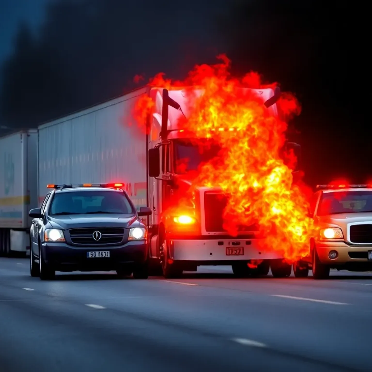Scene of a road rage incident involving police and a semi-truck.