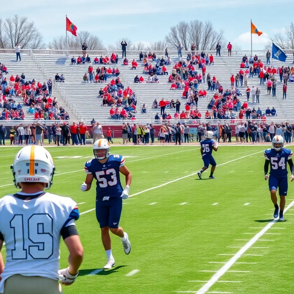 Football players practicing during Jacksonville's spring season