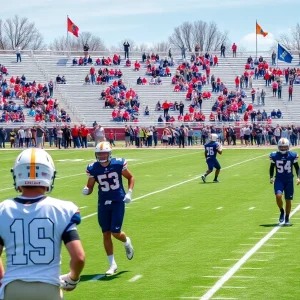 Football players practicing during Jacksonville's spring season