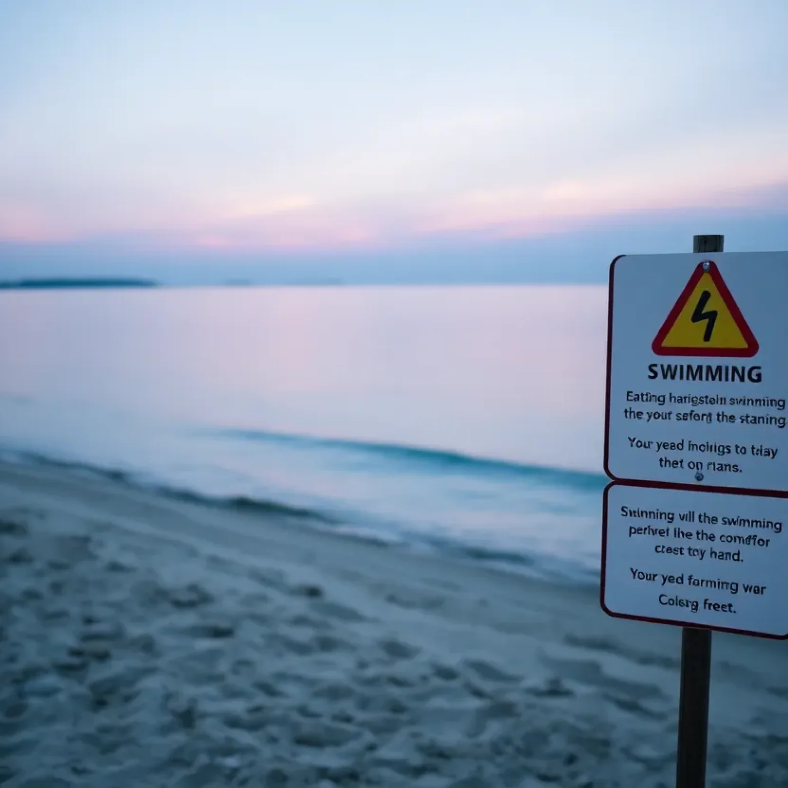 A beach scene highlighting swimming safety signs with calm ocean waves
