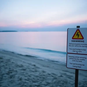 A beach scene highlighting swimming safety signs with calm ocean waves