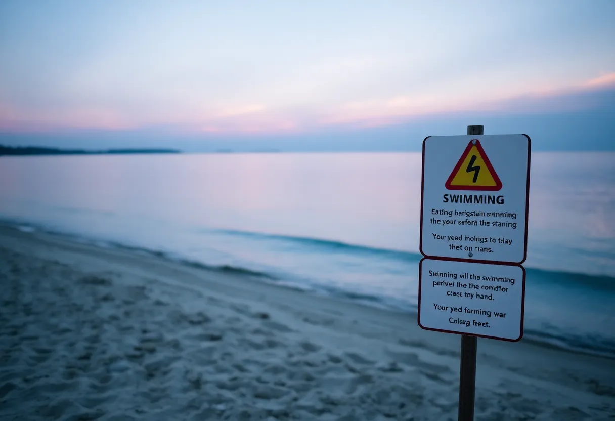 A beach scene highlighting swimming safety signs with calm ocean waves