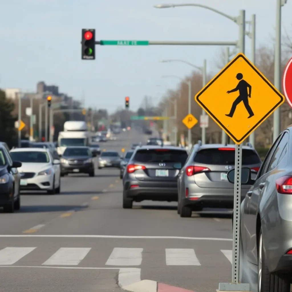 Roadway with pedestrian signals and traffic signs in Jacksonville