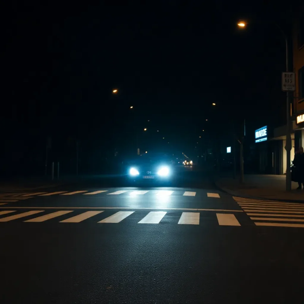 Nighttime street scene in Jacksonville emphasizing pedestrian safety