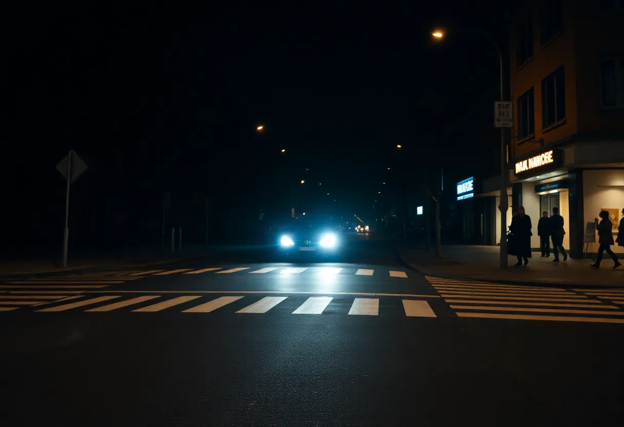 Nighttime street scene in Jacksonville emphasizing pedestrian safety