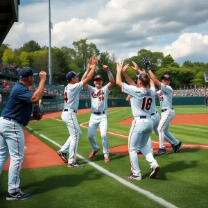 Jacksonville University baseball team celebrating on the field