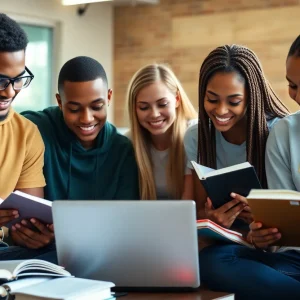 Group of student-athletes studying in a library