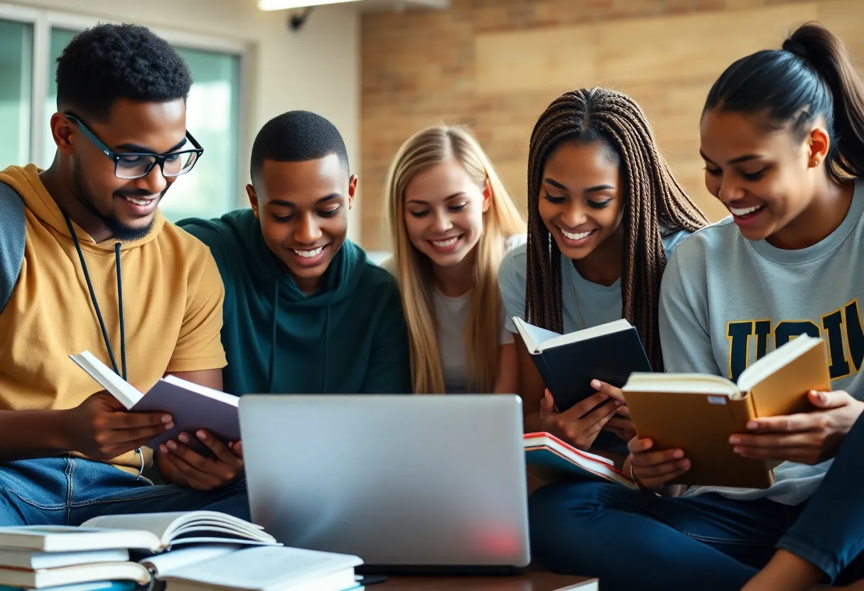 Group of student-athletes studying in a library