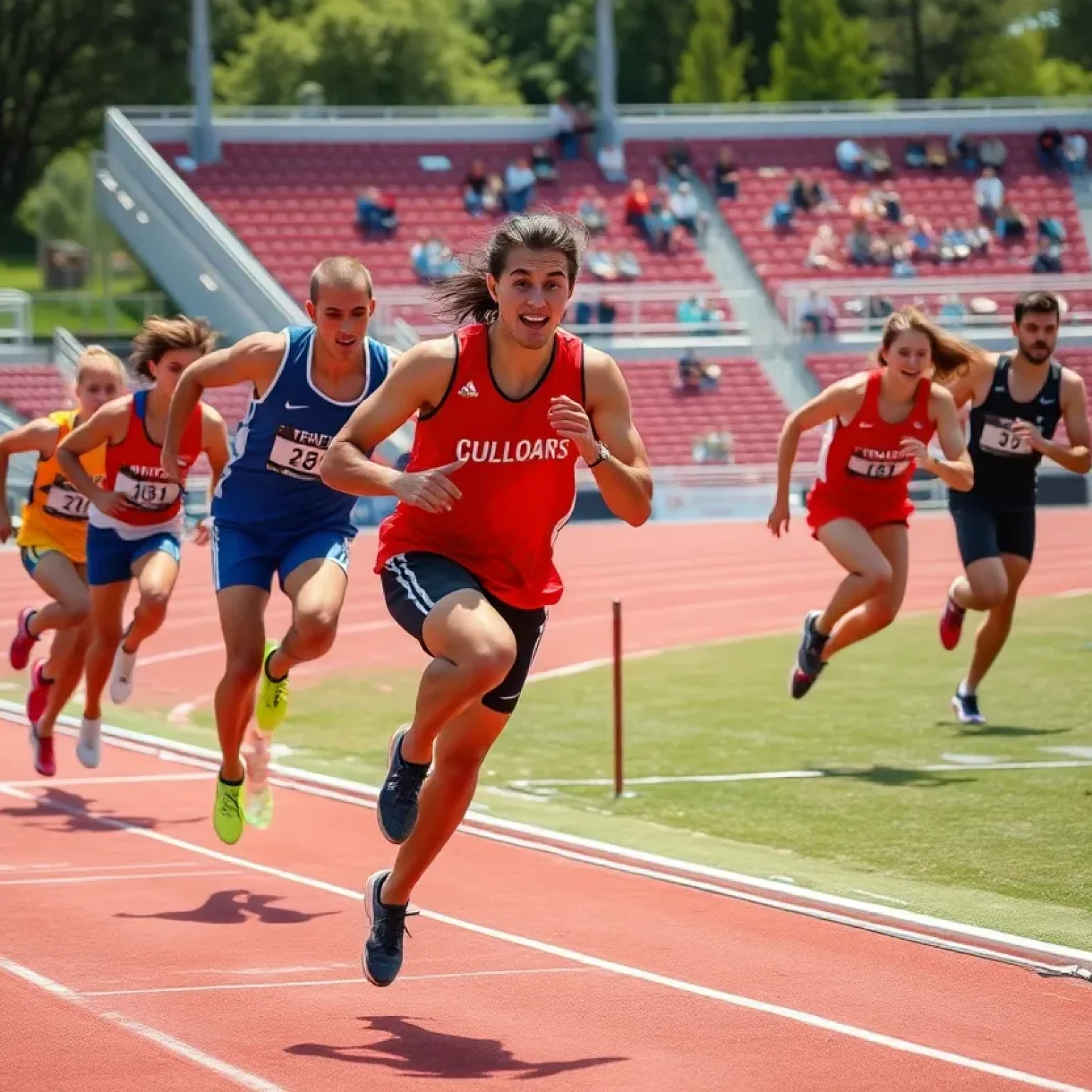 Track and field athletes competing in long jump and sprints at Jacksonville University.